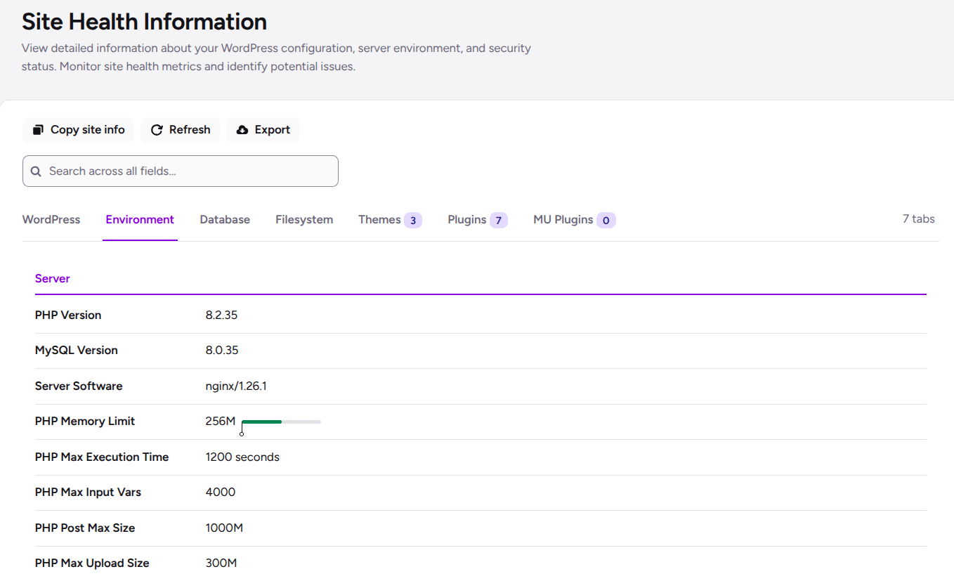 check wordpress environment server details in ultimate security