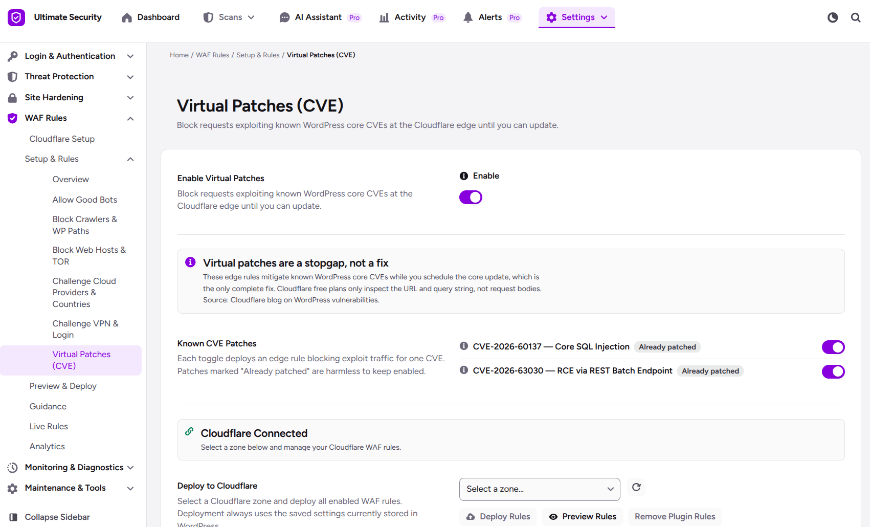 cloudflare waf virtual patches (CVE) in the wordpress ultimate security