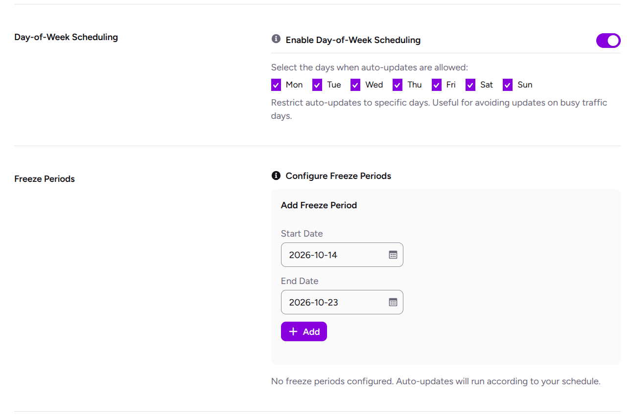 day-of-week scheduling and freeze periods in ultimate security update manager