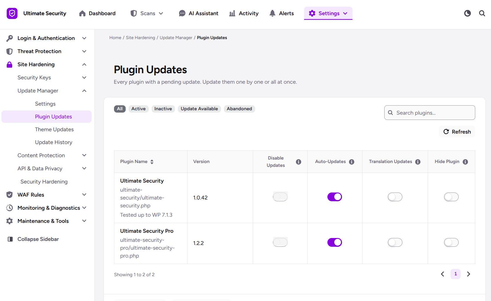 plugin updates in ultimate security update manager