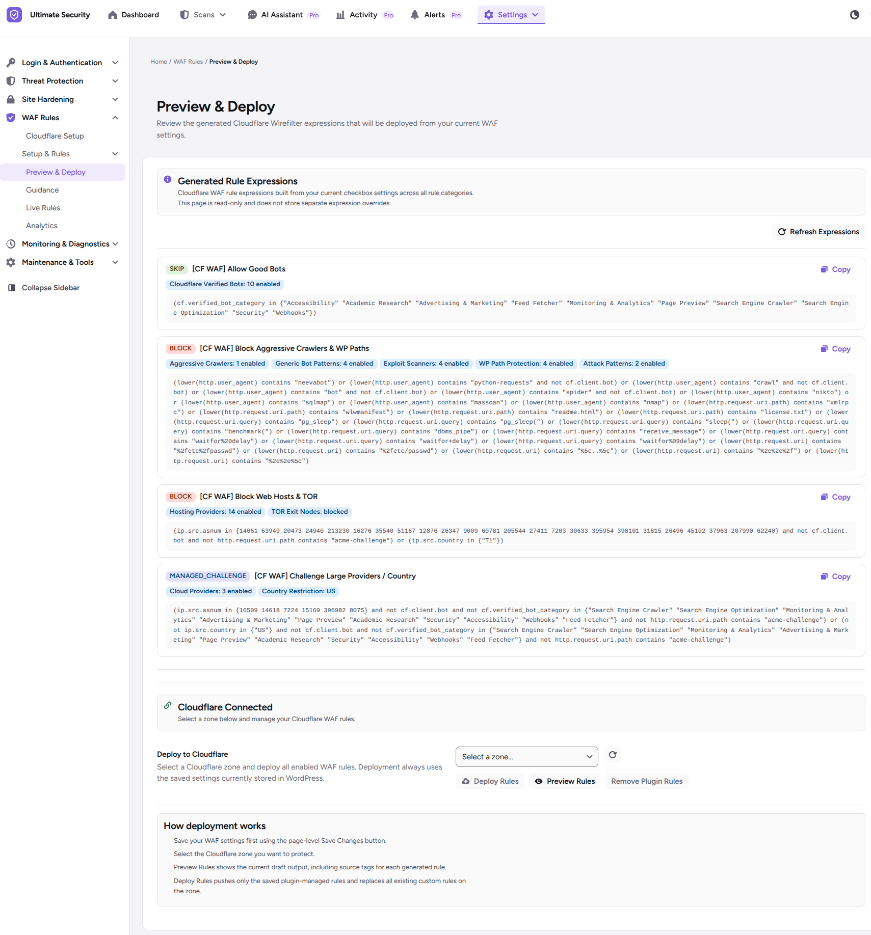 preview and deploy cloudflare waf rules from ultimate security