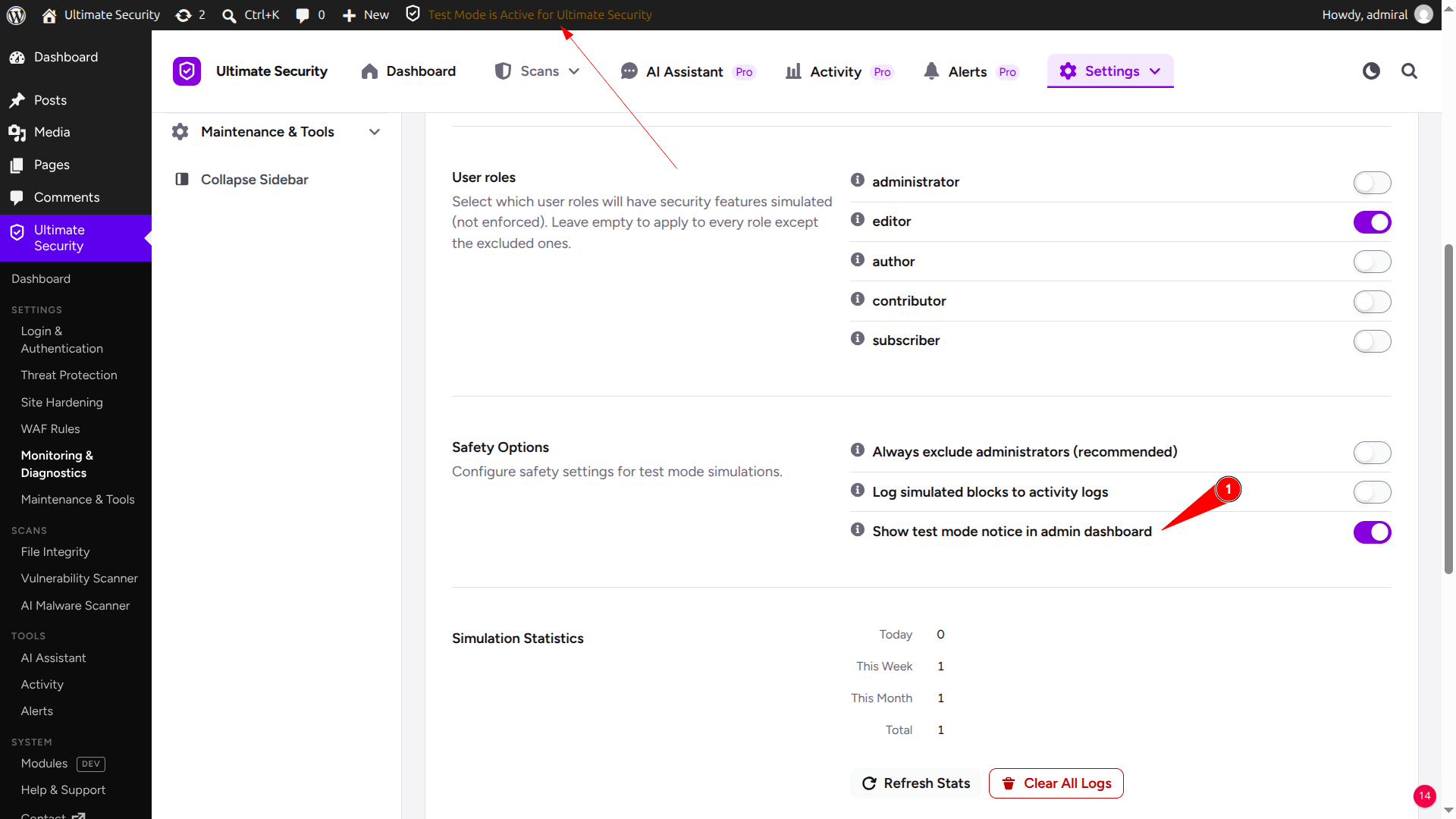 show test mode in admin in the test mode settings in wordpress ultimate security