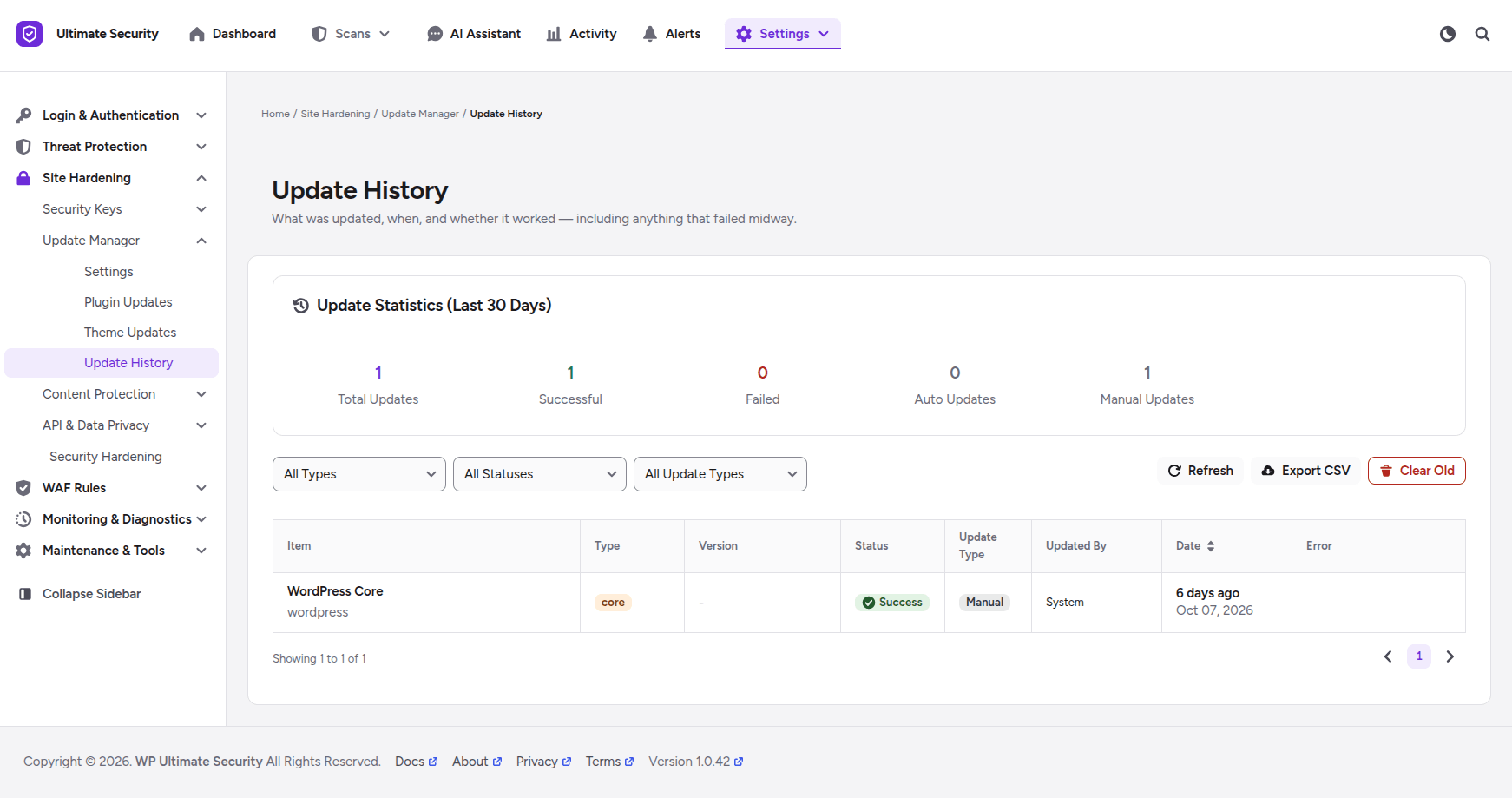 update history in wordpress ultimate security update mangaer