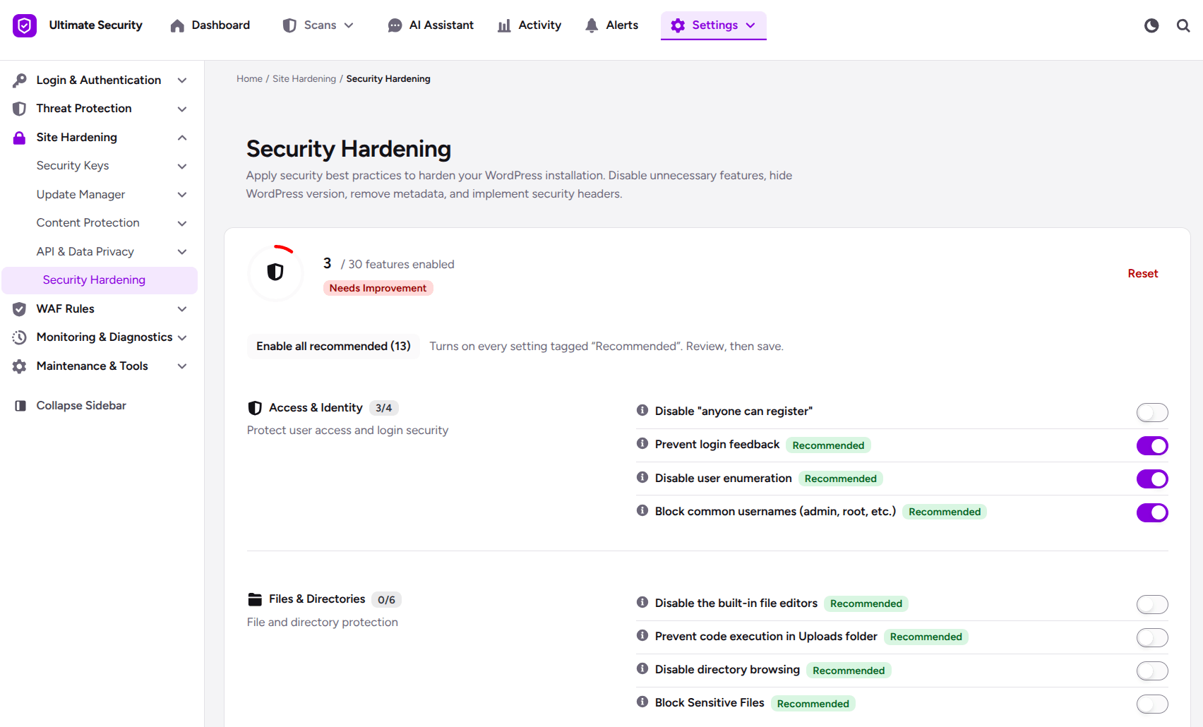 wordpress security hardening in ultimate security