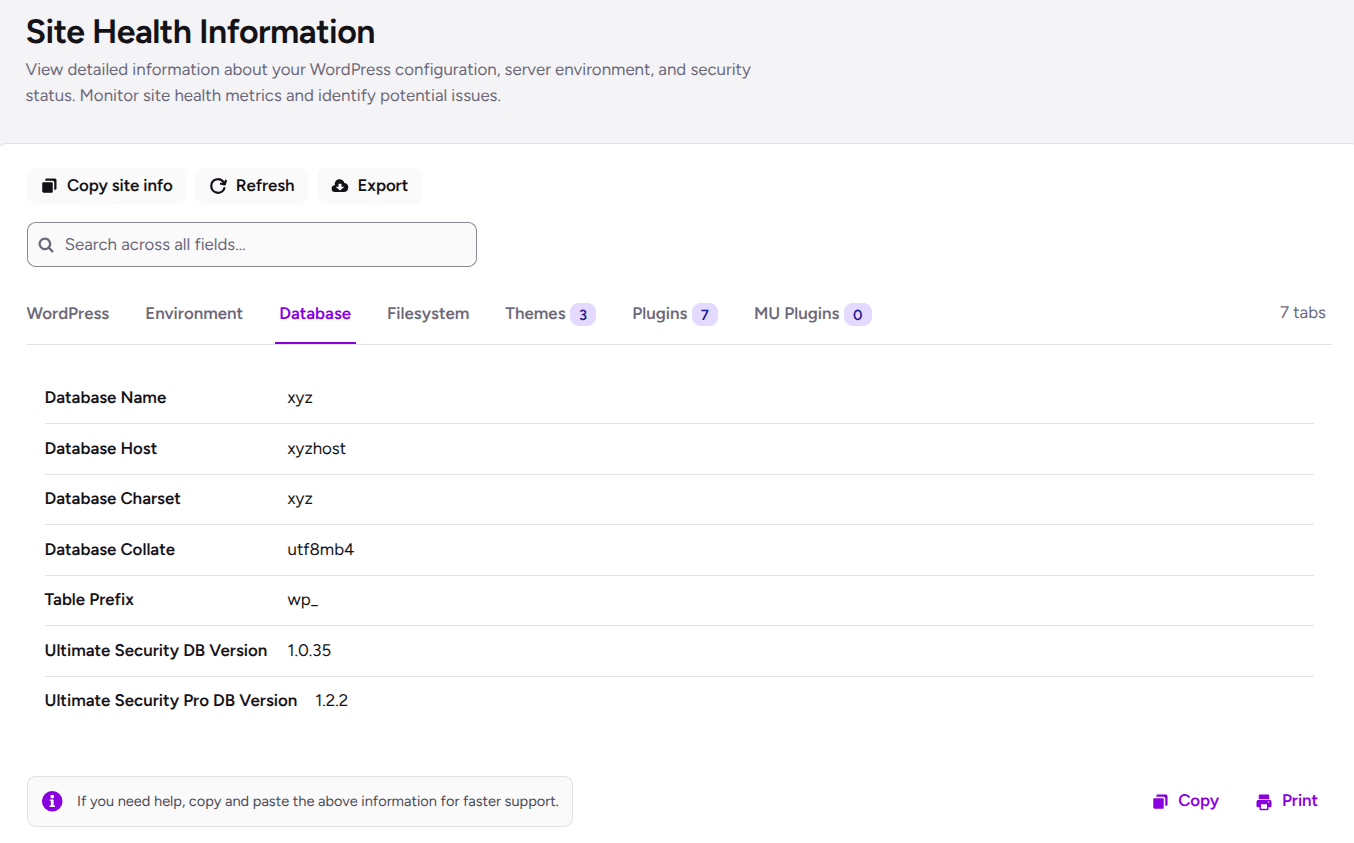 wordpress site health check database tab in ultimate security