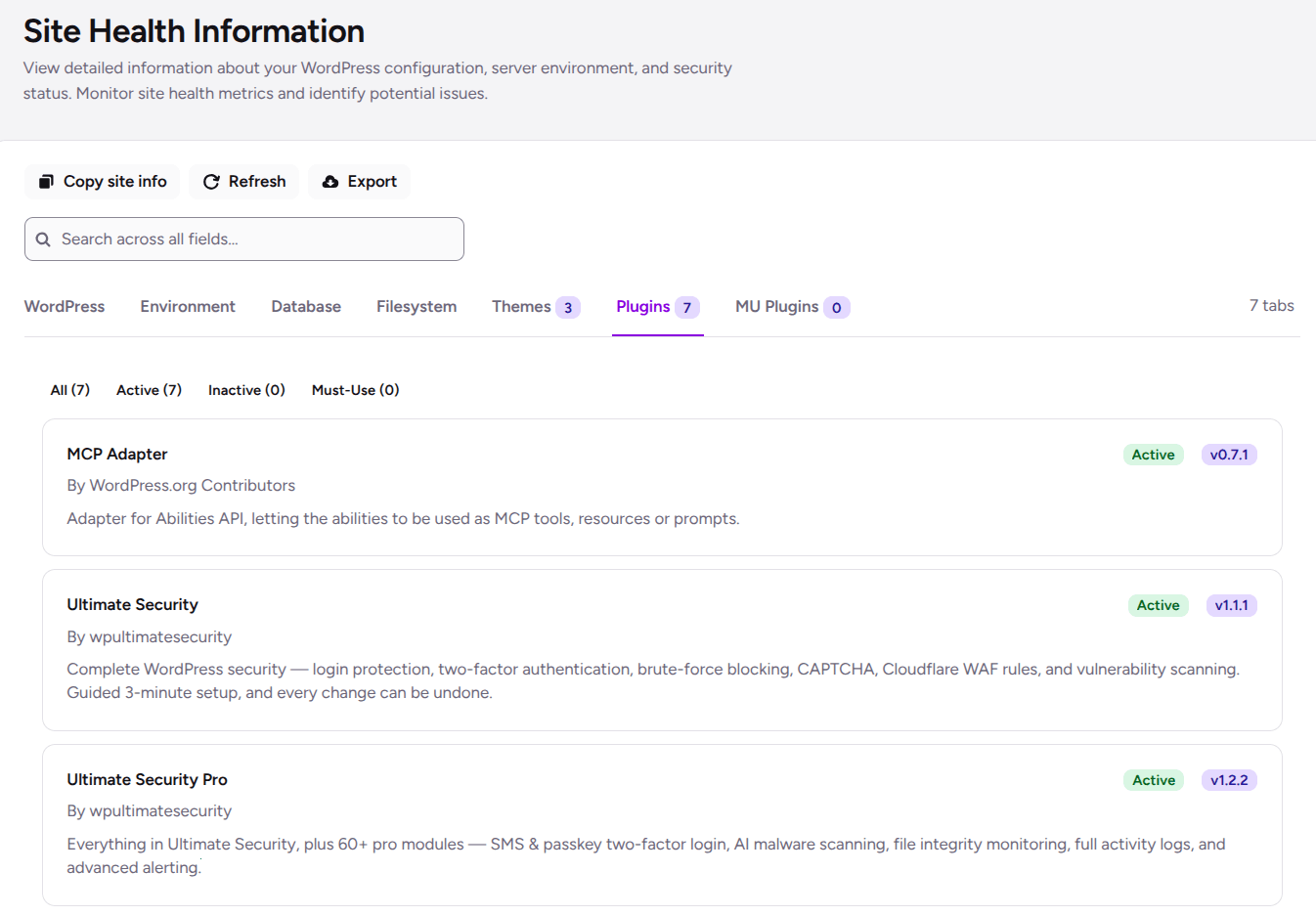 wordpress site health plugins in ultimate security