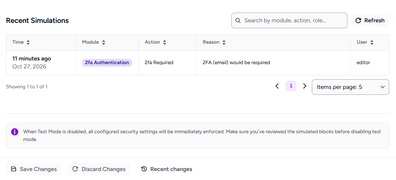 recent simulations in the wordpress ultimate security test mode settings