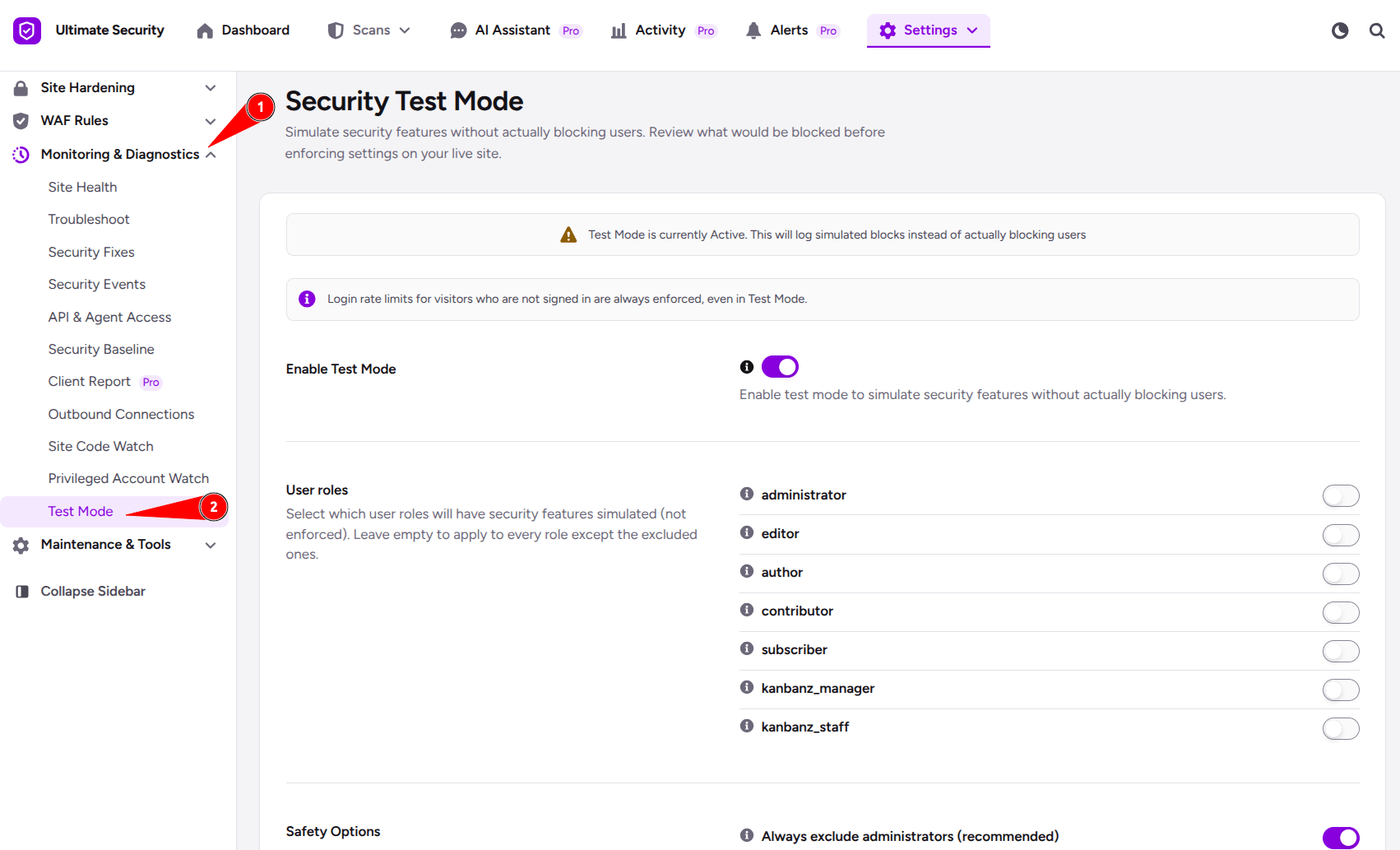 security test mode in wordpress ultimate security